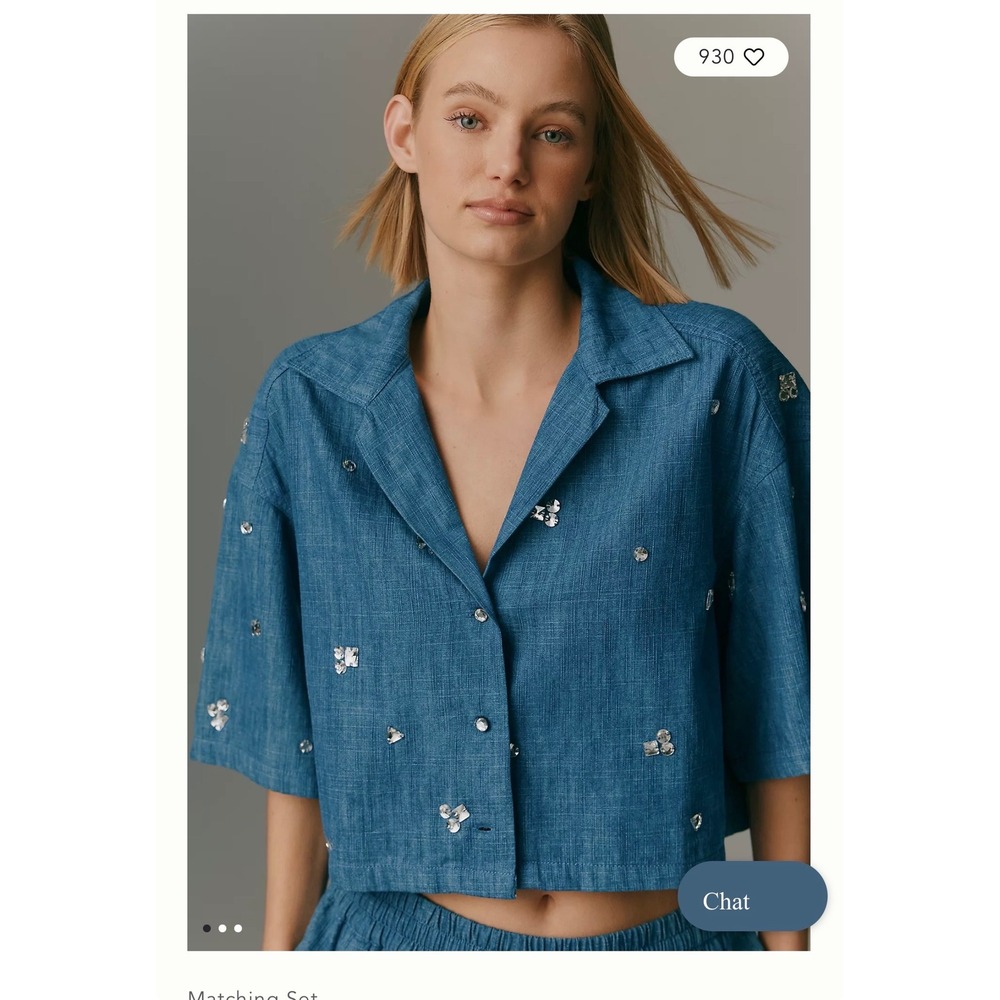 Maeve Anthropologie Embellished Cotton Crop Shirt Boho Cropped Womens XS Blue